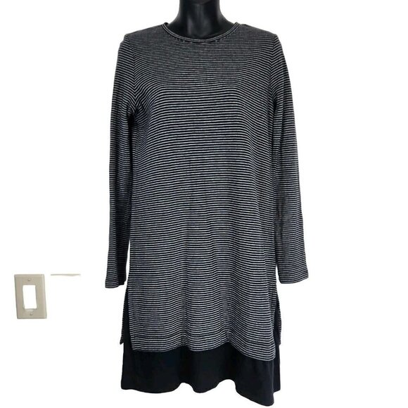 J. Jill A-Line Shift Dress Small Black White Stripe Crew Neck Long Sleeve Jersey - Picture 1 of 9